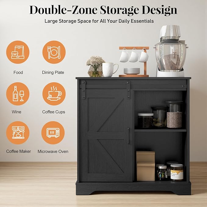 Panana Sliding Barn Door Buffet Sideboard Storage Cabinet Coffee Bar Kitchen Farmhouse Style (Black)