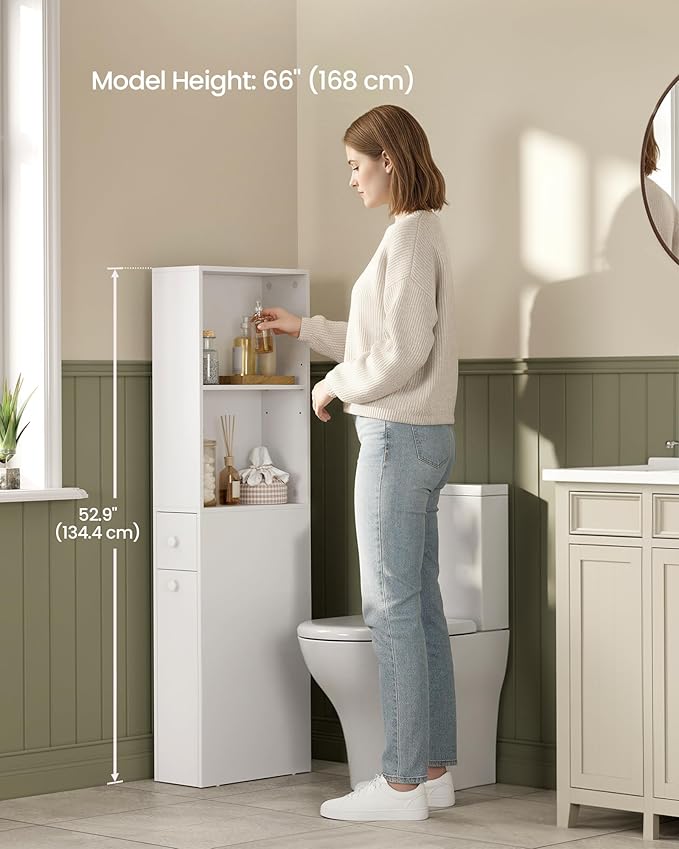 VASAGLE Slim Storage Cabinet, Narrow Freestanding Cabinet with Drawers and Adjustable Shelf, Modern Linen Tower for Living Room Bathroom Bedroom, White UBBK567T14