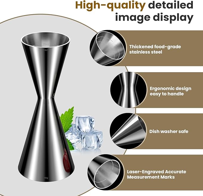 Professional Bartender Jigger, Thickened 18/8 Stainless Steel Japanese Style Double Jigger with Laser Etched Measurements, No Curled Lip Design,for Home & Bar Use (1oz/2oz, 10ml/20ml/30ml/45ml)