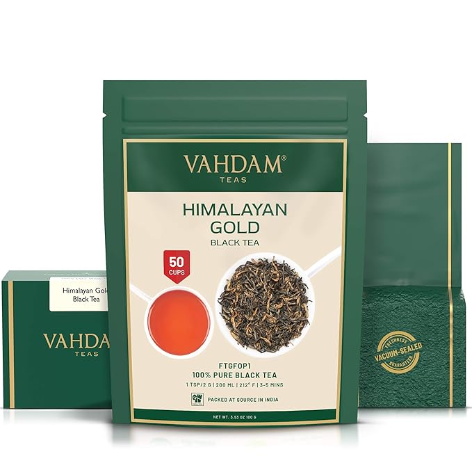 VAHDAM, Himalayan Gold Black Tea (50 Cups/3.53oz) Pure Black Tea Leaves With GOLDEN TIPS | Robust, Rich & Flavory Loose Tea | Unblended Single Origin Black Loose Leaf Tea | Vacuum Sealed Pack