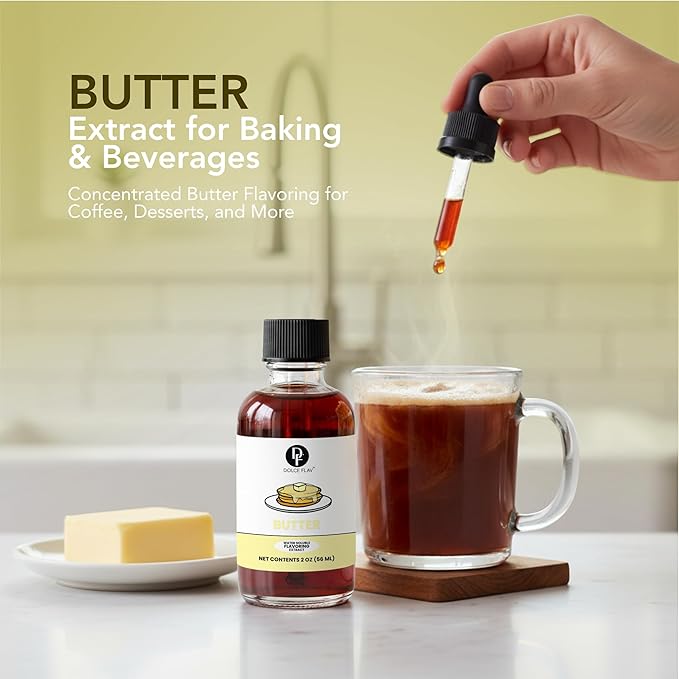 Dolce Flav Butter Extract – 2 Ounce Water-Soluble Kosher, Sugar-Free, Concentrated Imitation Butter Flavor for Baking, Cookies & Frostings, Includes Measured Dropper