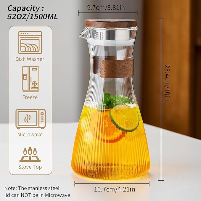 52OZ Glass Pitcher with Lid and Spout, Water Jug, 1500ml Carafe for Hot/Cold Water, Large Iced Tea Pitcher for Coffee, Juice and Homemade Beverage