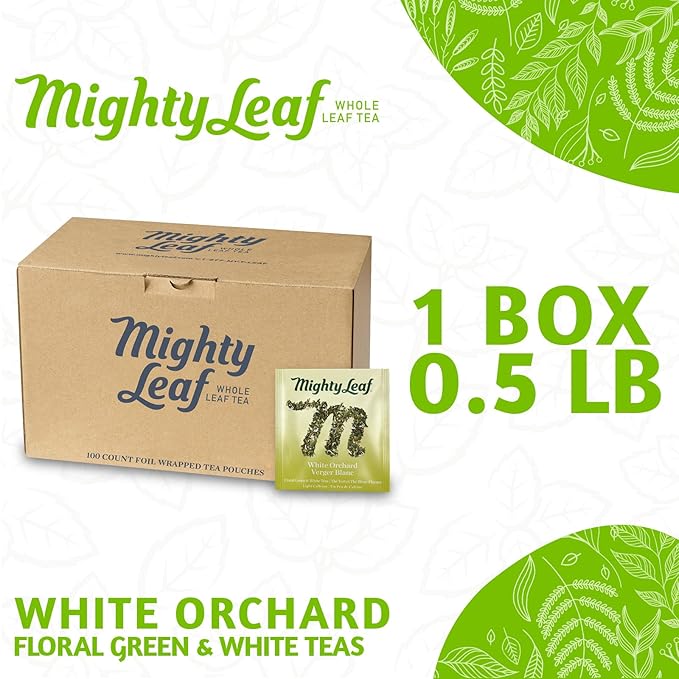 Mighty Leaf White Orchard White Tea – 100 Count Foil-Wrapped Silken Tea Pouches – Delicate Whole Leaf Blend with Tropical Fruit & Melon – Premium White Tea for Hot or Iced Brewing
