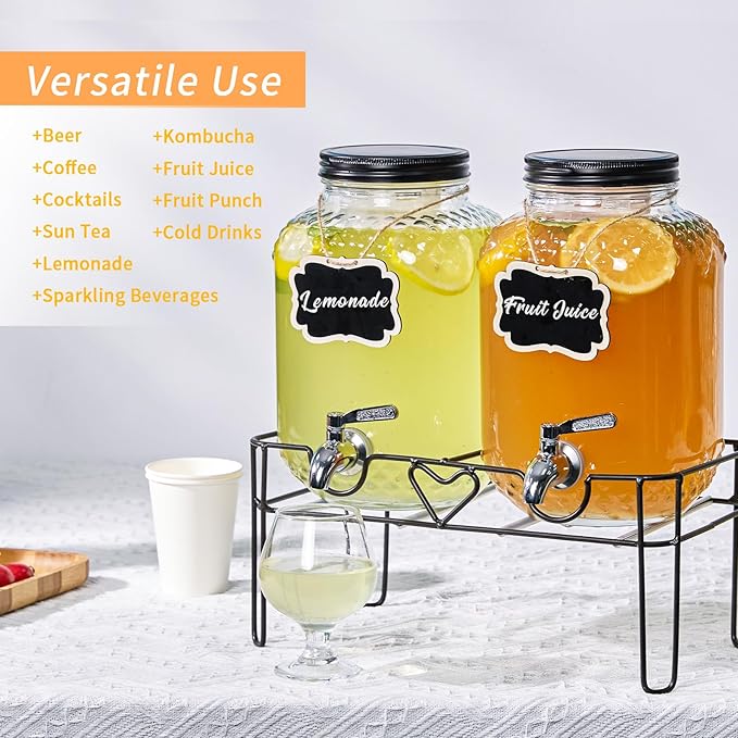 1 Gallon Glass Drink Dispensers for Parties, Beverage Dispenser with Stand and Fruit Infuser, Glass Lemonade Dispenser with Stainless Steel Spigot for Kombucha, Sun Tea, Juices, BBQ, Weddings
