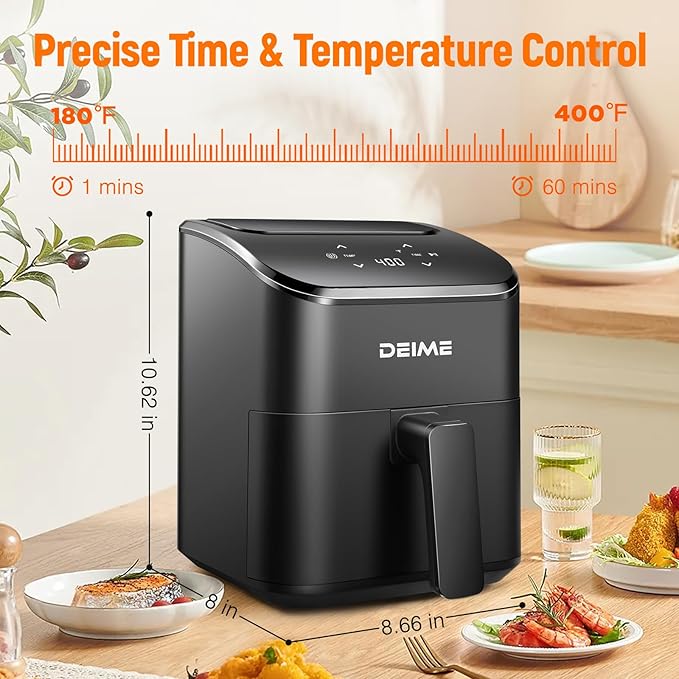 DEIME Air Fryer, Small Digital 2.8 Qt Airfryer Space Saving Compact, Bake, Reheat, Roasts for Quick Easy Meals, Mini Compact & Quiet, Nonstick & Dishwasher Safe Basket (Black)
