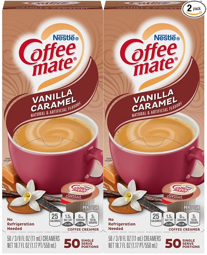 Nestle Coffee mate Liquid Coffee Creamer Singles, Vanilla Caramel, 50 Ct Box (Pack of 2)
