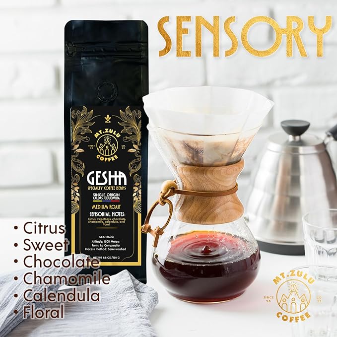 Mt. Zulu Gesha/Geisha Semi-Washed (Honey Process) – Exotic Colombian Specialty Coffee Beans (86.75 SCA), Medium Roast, Chamomile, Calendula & Chocolate Notes, 8.8 oz Bag