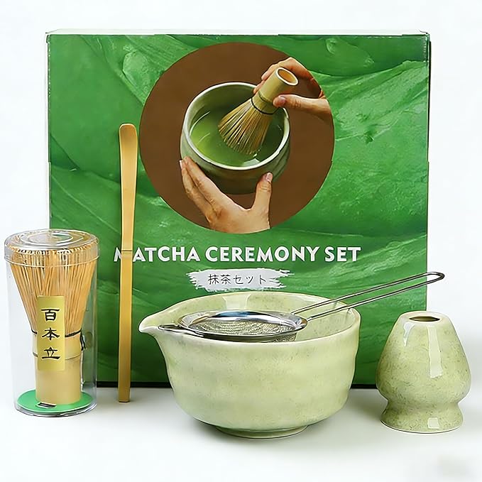 Matcha Tea Set – Japanese Matcha Bowl with Spout, Bamboo Whisk, Scoop, Holder & Strainer – Complete Ceremonial Matcha Kit for Beginners & Gift-Giving, Green