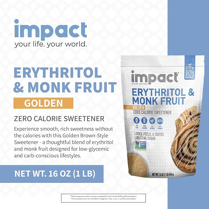 Impact - Golden Erythritol & Monk Fruit - Zero Calorie Sweetener, Sugar-Free, Non-GMO, Net Carb Free, Zero Glycemic, Baking Use - 1lb Resealable Bag