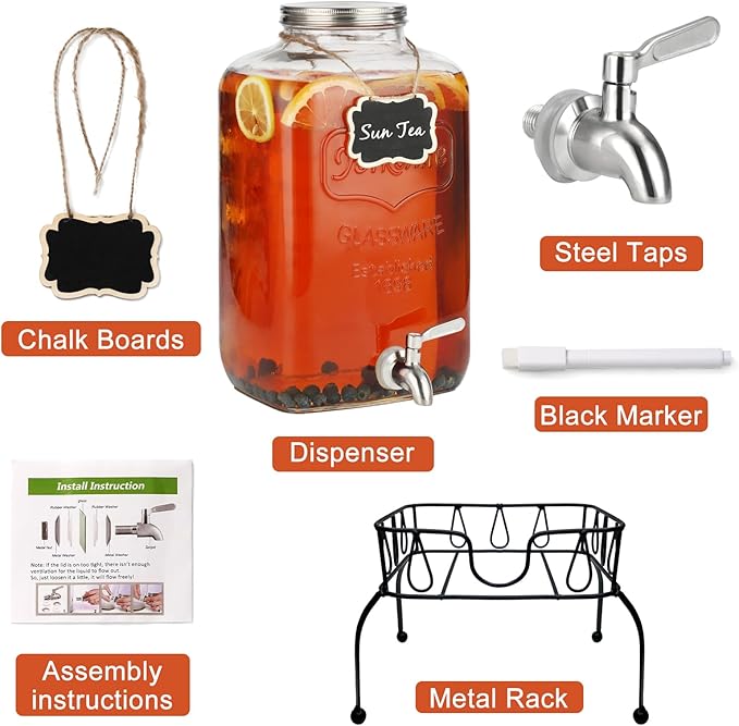 2 Gallon Glass Beverage Dispenser with Stand, Stainless Steel Leakproof Spigot and Lid, Glass Drink Dispensers for Parties, Water Beverage Dispenser