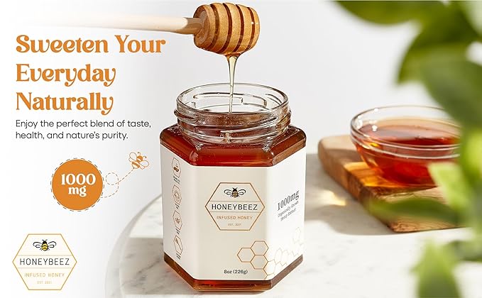 HoneyBeez Premium Raw Honey Infused with Hemp- 32mg per serving (Natural, 8oz)