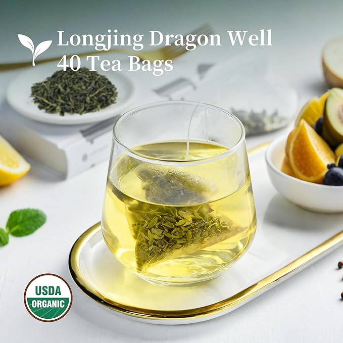 ZenVerdant USDA Organic Longjing Green Tea Bags, 40 Count | Plant-Based Fiber | Authentic Dragon Well | Individually Wrapped Quick Brew