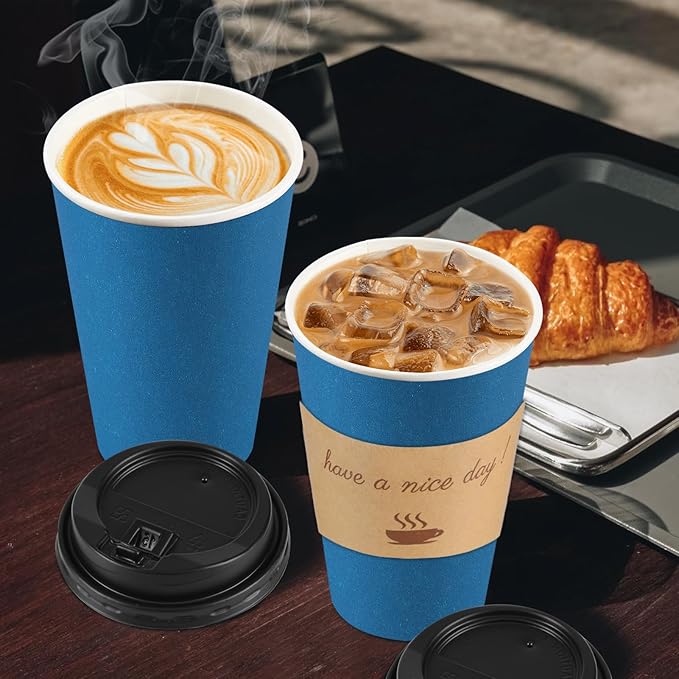 500 pack 16 oz Coffee Cups with Lids, Disposable To Go Paper Coffee Cups with Sleeves and Stirring Sticks for Hot/Cold Drinks Office Home Shop Event