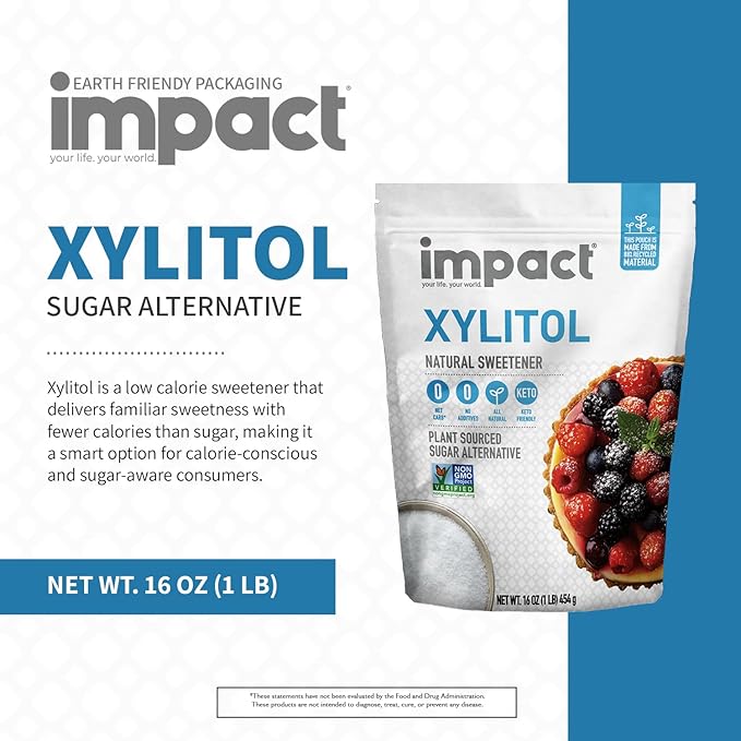 Impact - Xylitol Granular Sweetener - Plant-Sourced, Low Carb, No Additives, Oral Care Support, Zero Net Carb Sugar Alternative - 1 lb Pouch