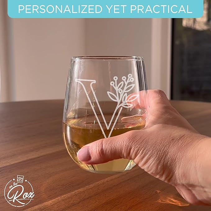 On The Rox Drinks Monogrammed Gifts For Women and Men - Letter A-Z Initial Engraved Monogram Stemless Wine Glass - 17 Oz Personalized Wine Gifts For Women and Men (V)