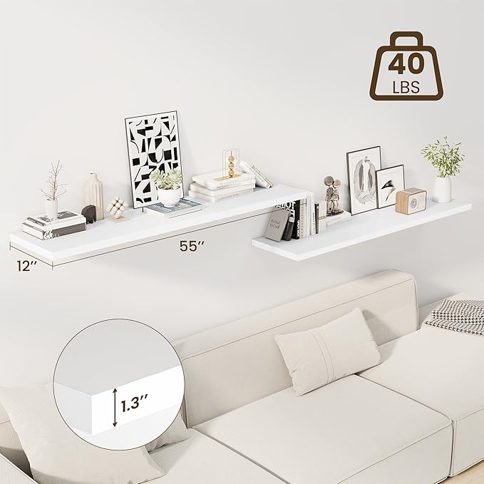 Dreamland 55" Floating Shelves for Wall, 12" Deep Slim White Floating Shelves, Wall-Mounted Shelves for Bedroom, Living Room, Kitchen, Bathroom - Set of 2
