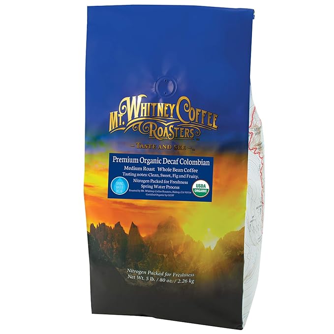 Mt. Whitney Premium Organic Spring Water Colombian, Medium Dark Roast, Low Acid Decaf Coffee (Whole Bean, 5 Lb)