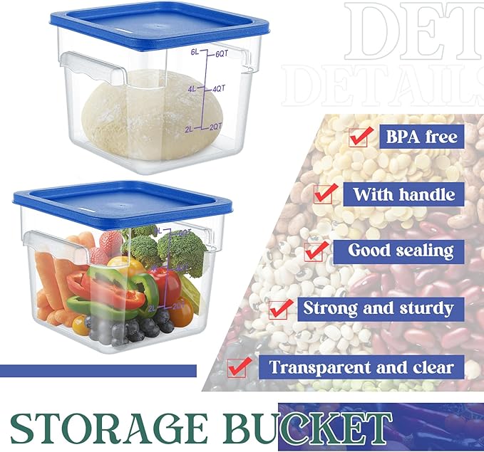 3 Sets 6 Qt Square Food Storage Containers with Lids Dough Proofing Bucket Commercial Polycarbonate Containers with Scale Clear Airtight Cereal for Pantry Home Restaurant (Blue)