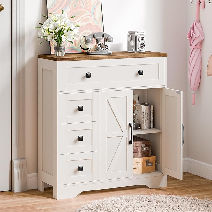 Vabches Farmhouse Storage Cabinet with 2 Doors and 4 Drawers, Freestanding Bathroom Storage Cabinet Kitchen Pantry, Floor Hutch Cupboard for Living Room/Bathroom/Kitchen,(Antique White)