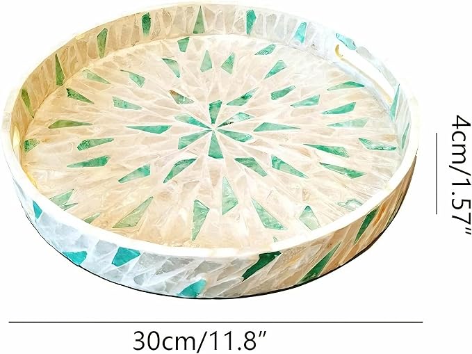 I-lan 12 Inch Round Beige Green Mother of Pearl Severing Tray with Handle and 2 Inch Side, Lacquer Wooden Shell Decorative Plate, Gorgeous Inlay Nacre Ottoman Tray for Food, Breakfast, Coffee Table, S