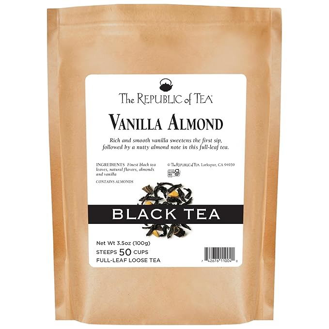The Republic of Tea Vanilla Almond Full-Leaf Loose Black Tea 3.5 oz Refill Bag | Steeps 50 Cups | Caffeinated