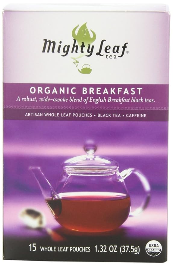 Mighty Leaf Organic Breakfast Black Tea – 45 Count (3 Packs of 15) Silken Pouches – Premium Whole Leaf Caffeinated Tea – Bold English Breakfast Blend for Hot or Iced Brewing