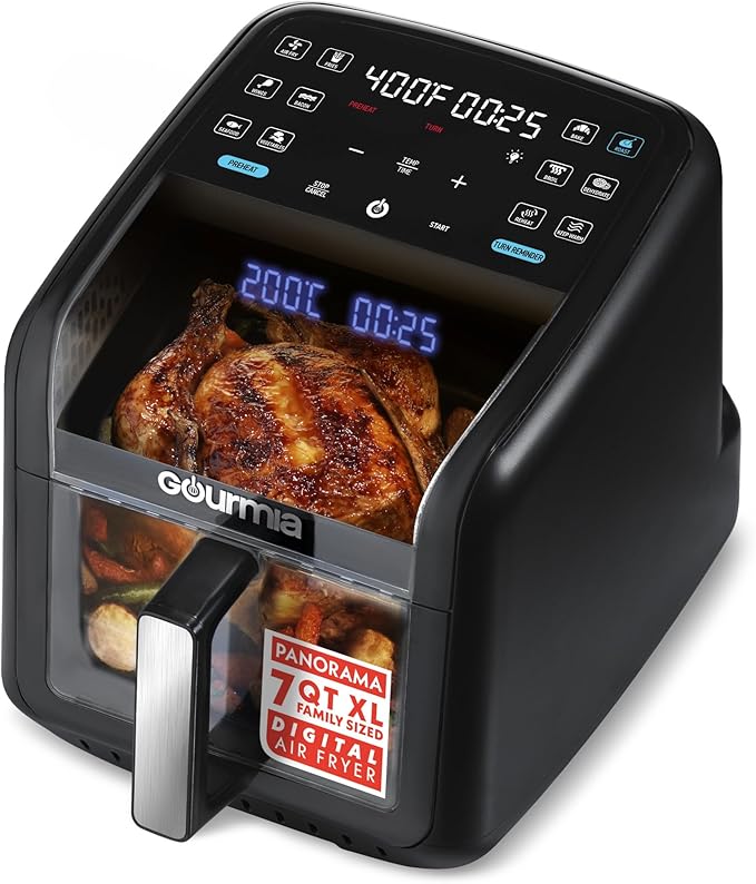Gourmia Air Fryer 7 QT - Easy View Panoramic Window & Interior Light, Guided Cooking with 12 One-Touch Presets, FryForce 360, Dishwasher Safe Accessories, Black
