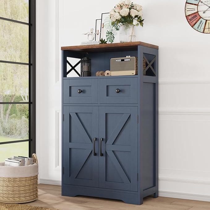 Farmhouse Blue Storage Cabinet with Barn Doors and Drawers, Small Freestanding Kitchen Pantry Cabinet, Hutch Cupboard for Kitchen, Laundry, Living Room,Bathroom