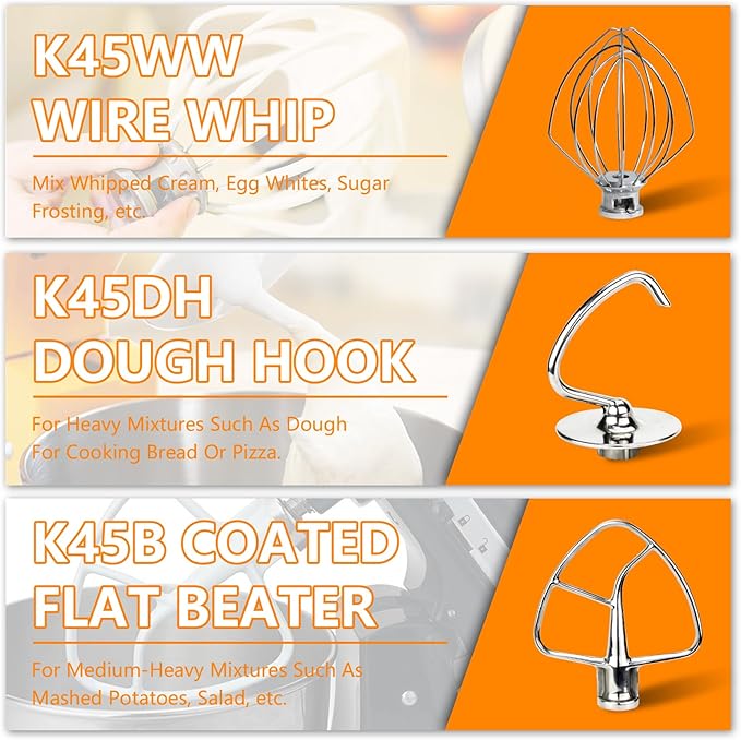 Funmit Mixers Accessories Stainless Steel Attachments Replacement for Kitchen-aid Mixers, K45WW Wire Whip, K45DH Dough Hook, K45B Coated Flat Blade Paddle, Kitchen Tilt-Head Aid Stand Mixer Attachment