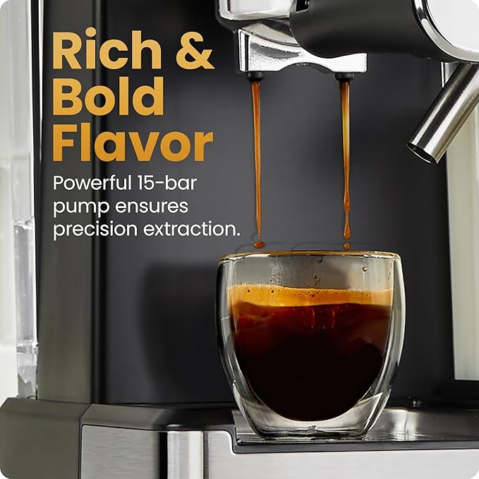 Chefman CaféMaster Pro Espresso Machine, Brew Single or Double Shots, Coffee Maker with Built-In Milk Frother for Cappuccino & Latte, XL 1.8 Liter Removable Water Reservoir - Stainless Steel