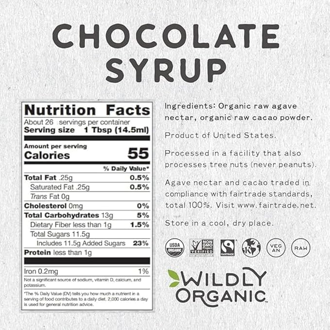 Wildly Organic Chocolate Syrup 20 Oz - Organic, Dairy-Free, Fair Trade, Non-GMO, Kosher, Vegan, Premium Rich Chocolate Flavor - Perfect for Ice Cream, Baking, Coffee, Chocolate Milk, Mocha, & Hot Cocoa - 2 Ingredients: Raw Cacao Powder & Raw Agave