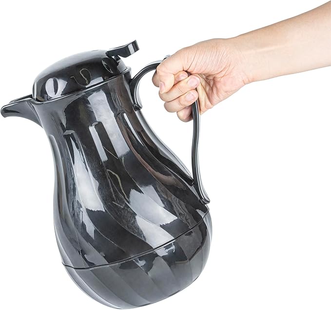 Restaurantware-Restpresso 64 Ounce Coffee Carafe, 1 Insulated Coffee Server - Push-Button Top, Swirl Design, Black Plastic Pitcher, Built-In Handle, With Identification Tags