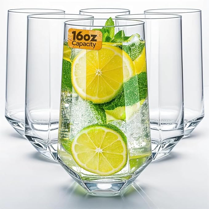 Crystal Beverage Glasses- Set of 6- Hexagon Design – 16oz Beer Tumbler & Highball Glass | Modern Tall Drinking Glass for Beer, Cocktails, Iced Tea, Cold Drinks & Everyday Use