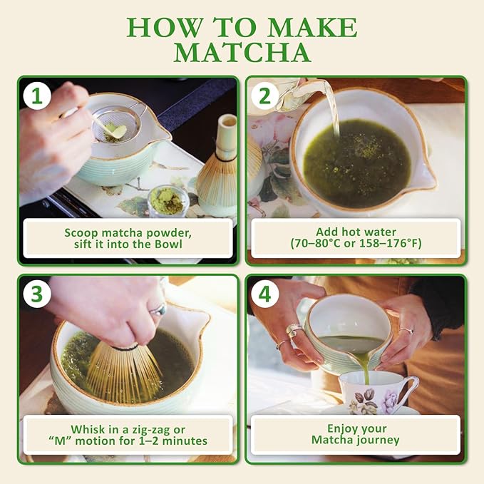 AROU - Matcha Eco Zen 7Pcs Matcha Set Whisk and Bowl, Small Whisk with Holder, Tea Cloth, Sifter, Bamboo Scoop – Spill Free Ceremonial Grade Japanese Tea Set with Handbook – Ideal for Beginners