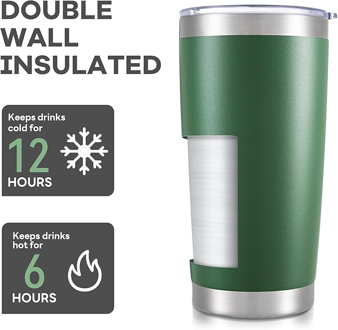 20 oz Tumbler with Lid Stainless Steel Insulated Tumblers Bulk Double Wall Vacuum Cups Powder Coated Travel Mug Keep Drink Cold and Hot, Dark Green, 8 Pack