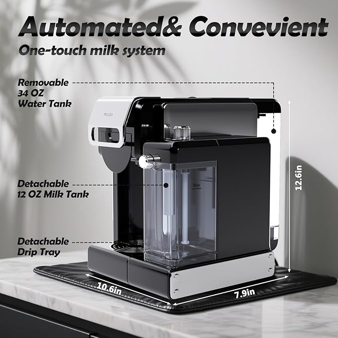 PULZO Espresso Machine with Integrated Automatic Milk Frother, capsule coffee maker for K*cup capsule/Ne*s Original/ground coffee, One Touch Latte & Cappuccino