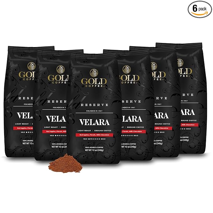 Gold Coffee Co. Velara Premium Blend | Light Roast, Ground | 100% Arabica Coffee | 12 oz., (Pack of 6)