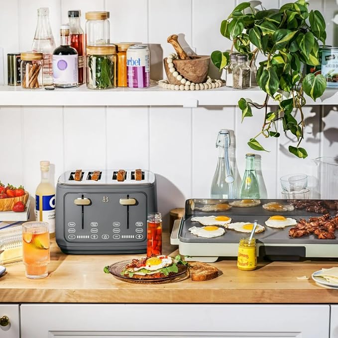 Beautiful 4-Slice Toaster by Drew Barrymore – Touch Display, Extra-Wide Slots, Bagel & Frozen Functions, Stainless Steel (Oyster Gray)