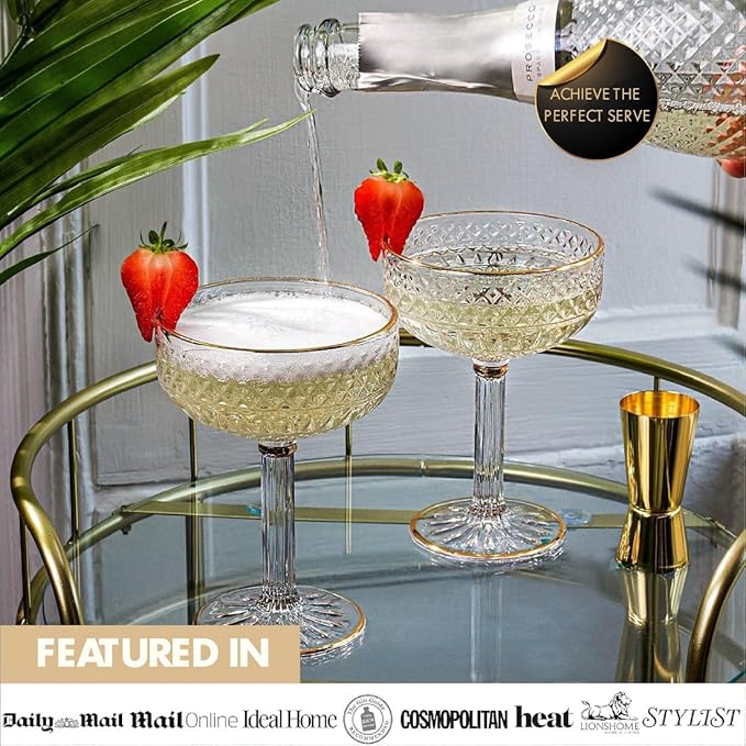 VEMACITY - Embossed Espresso Martini Glasses Set of 2 (10oz) - Gold Rim Coupe Glasses for Cocktails, Champagne & Margaritas - Vintage Art Deco Design | Ideal for Christmas & New Years