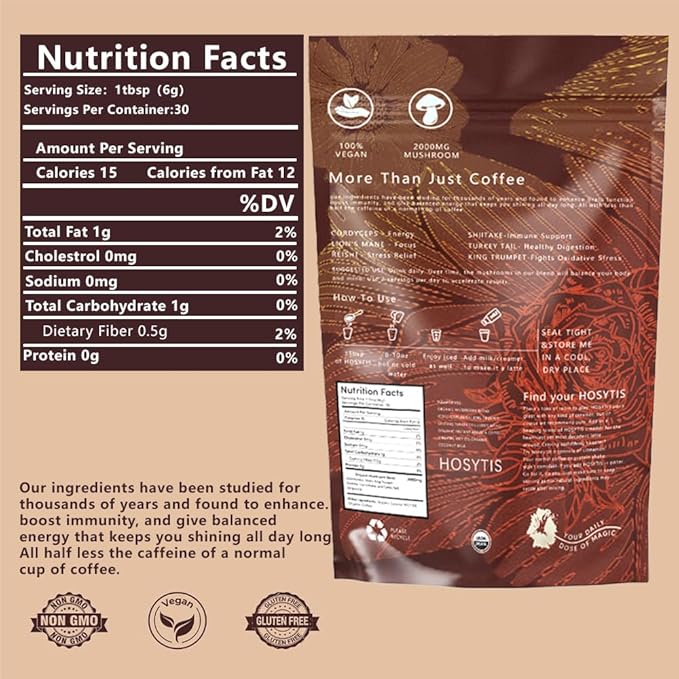 Mushroom Coffee With Lion's Mane, Reishi, Cordyceps, Shiitake, King Trumpet & Turkey Tail Everyday Dose (30 Servings) Premium Instant Coffee for Better Focus, Energy（6.35 Ounce Pack of 180g）
