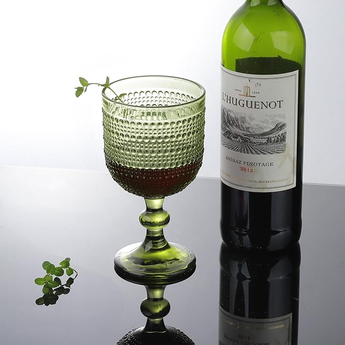 Joeyan Green Vintage Wine Goblet Glasses,Embossed Colored Stemmed Glass Cups,Hobnail Stemware Drinking Glasses,Romantic Beaded Glassware for Water Juice Cocktail,12 oz,Set of 4,Dishwasher Safe