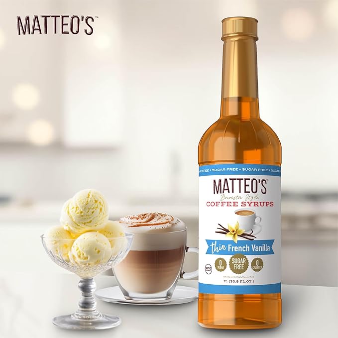Matteo's French Vanilla Syrup for Coffee, Lattes, Cappuccinos & Desserts – Sugar-Free Sweetener for Beverages, Keto Friendly, Zero Calories, Indulgent Flavor, Non-Alcoholic, 33.8oz (1pk)