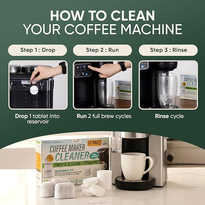 PUREHQ Coffee Machine Descaler Tablets – 24 Count Cleaning Tabs with 6 Keurig Water Filter Cartridges – Compatible with Keurig and Breville Coffee Makers