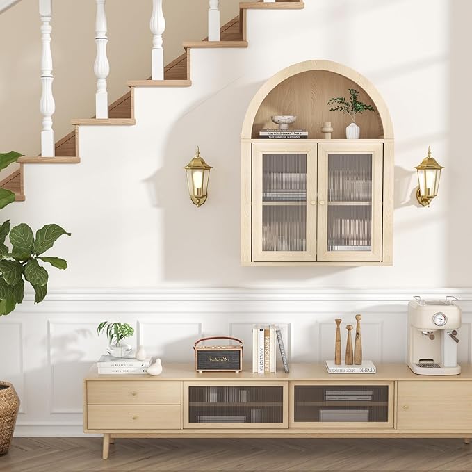 Arched Bathroom Cabinet, Wall Mounted Bathroom Cabinet with Tempered Glass Doors and Adjustable Shelf, for Kitchen, Living Room, Laundry Room, Restroom, Oak