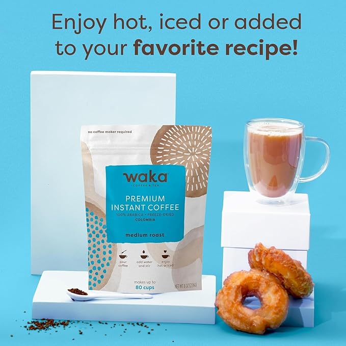 Waka Premium Instant Coffee Pouch — 100% Colombian Arabica Freeze Dried Beans — For Hot or Iced Coffee (8 Ounces, Medium Roast)