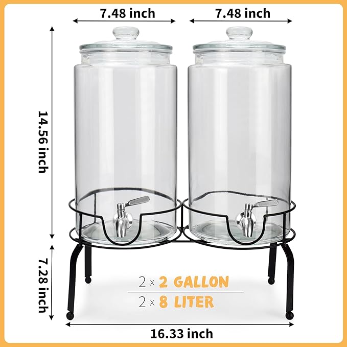 2 Gallon Beverage Dispenser 2 Pack, Stainless Steel Spigot Drink Dispenser for Parties with Stand, Clear Glass Drink Container Easy to Refill and Clean