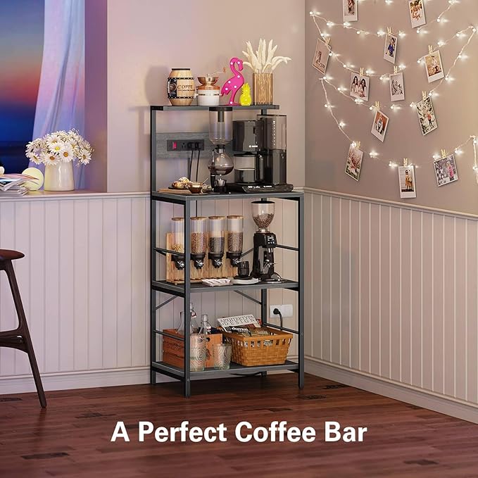 Bakers Rack with 3 Power Outlets, 4-Tier Kitchen Microwave Stand with Storage, Freestanding Kitchen Shelf Stand 23.6”L x 15.7”W x 51.2”H, Coffee Bar Table, Grey