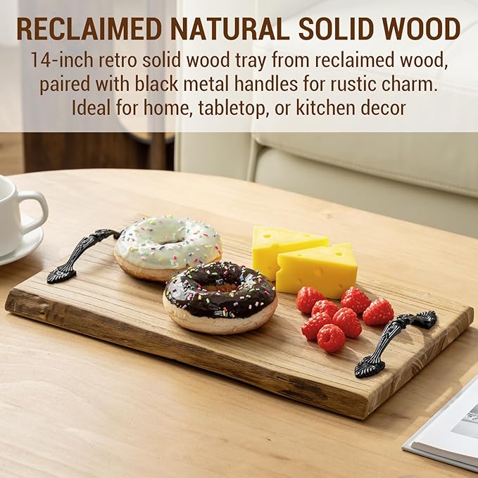 MyGift 14 Inch Vintage Solid Reclaimed Wood Serving Tray with Black Metal Handles, Rustic Wooden Decorative Display Platter, Home Table Kitchen Counter Decor