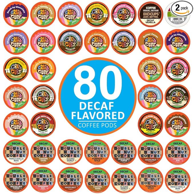 Crazy Cups Flavored Decaf Coffee Pods Variety Pack Compatible with Keurig K Cups Brewers, 80 Count, Assorted Decaffeinated Flavored Coffee Sampler