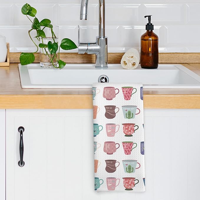 Modern Coffee Mugs Kitchen Dish Towels, Tea Lovers Gifts for Women Girls, Colorful Cute Cartoon Teacups Coffee Mugs Cups Hand Towels Kitchen Tea Towels Decorations, 16x24inch